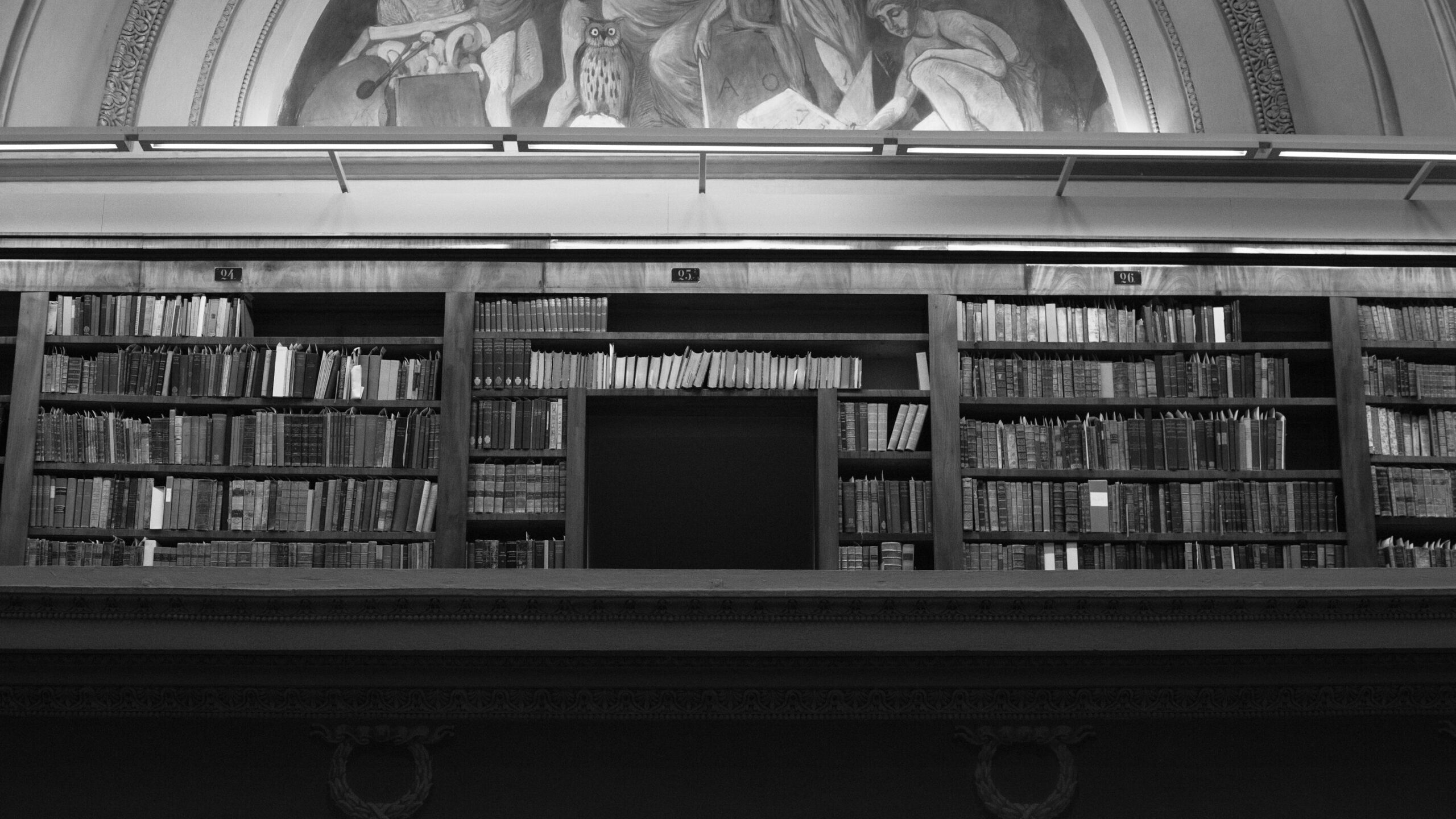 Kuvassa kirjaston hyllyjä kansalliskirjastosta, mustavalkonen.